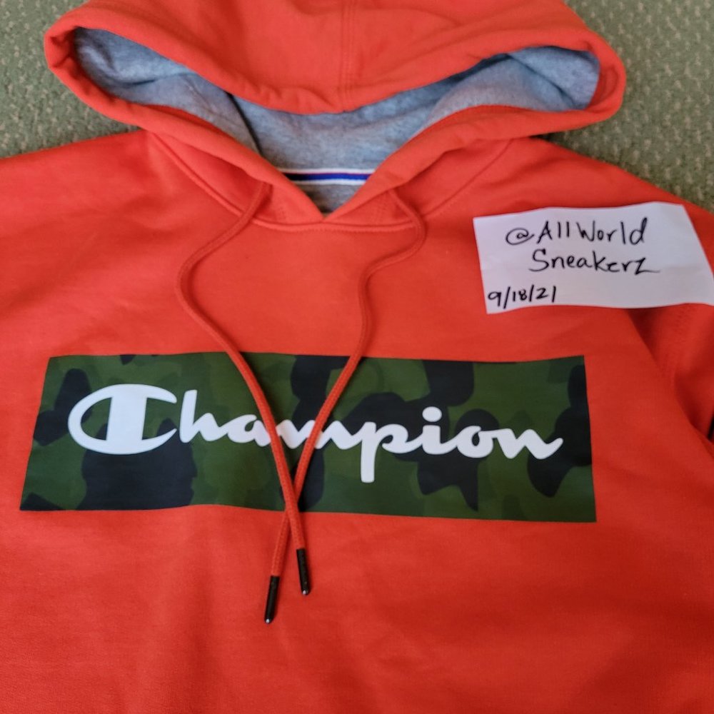Champion Powerblend Fleece Camo Camouflage Orange Hoodie Sweatshirt Script Logo - Picture 9 of 15